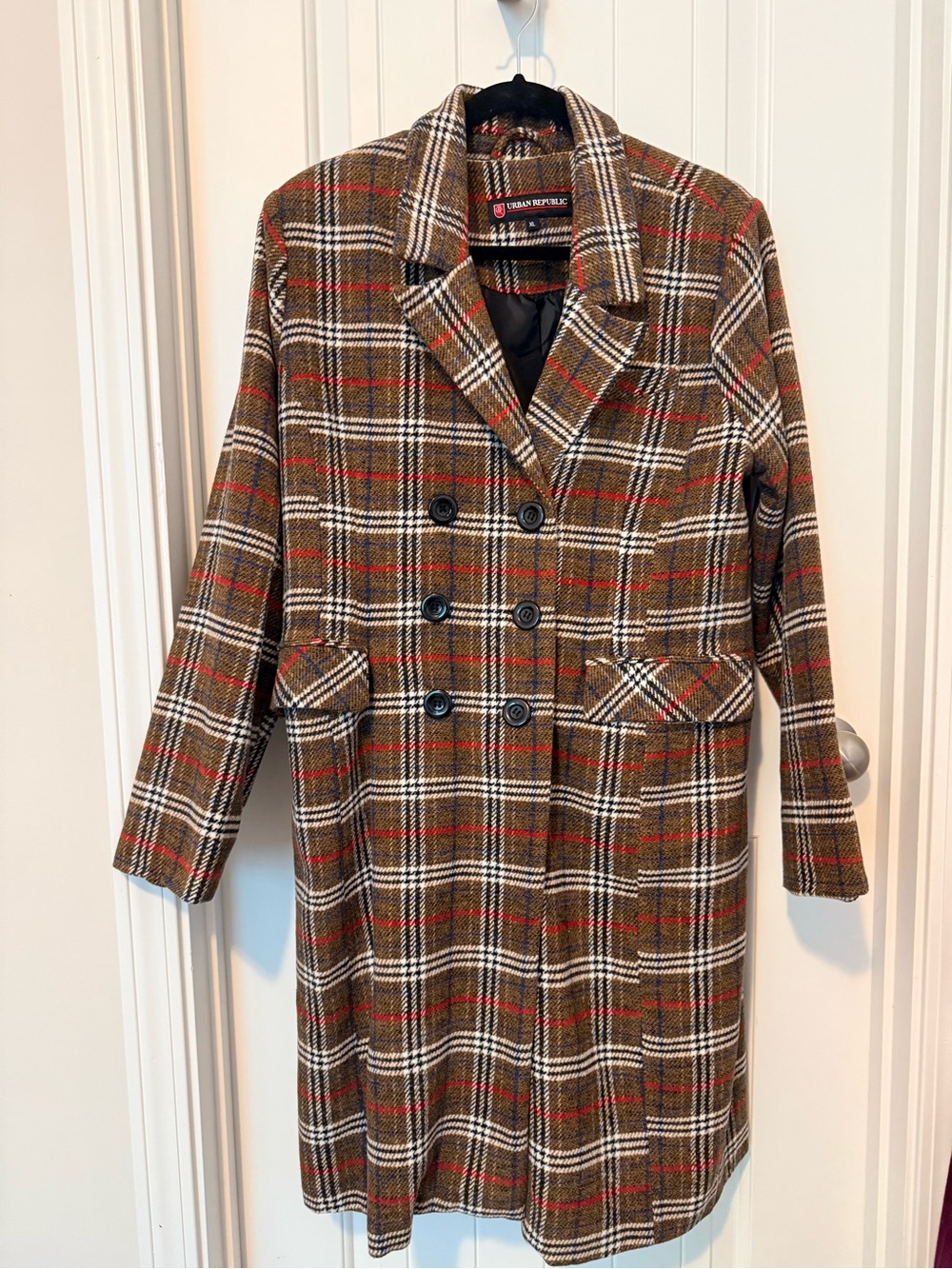 Urban Republic Plaid Double-Breasted Coat in Brown and Red